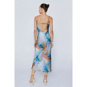 Micas Abstract Print Fitted Stunning Satin Watercolor Spaghetti Strap Dress XL‎